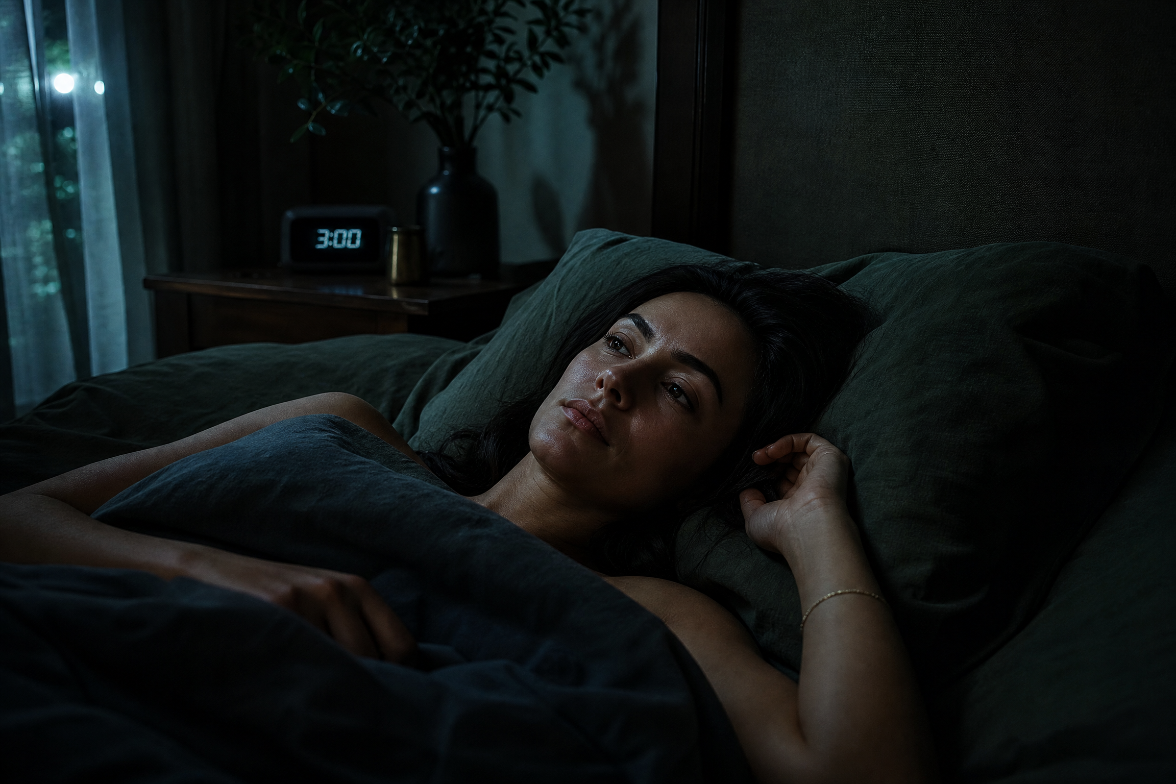 Moody editorial photograph of a woman awake in the dark at 3am, representing cortisol rhythm disruption and sleep problems in women