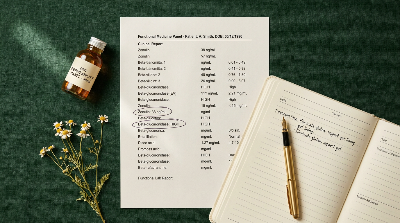 Functional medicine lab report showing zonulin and gut permeability markers alongside a hormone panel on a dark green desk — leaky gut hormones estrogen cortisol thyroid